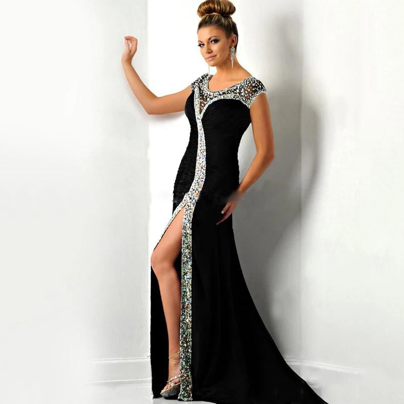 

Eightree Black Formal Evening Dresses Mermaid Crystal Side Slit Prom Party Gown See Though Backless Prom Dress Vestidos De Novia