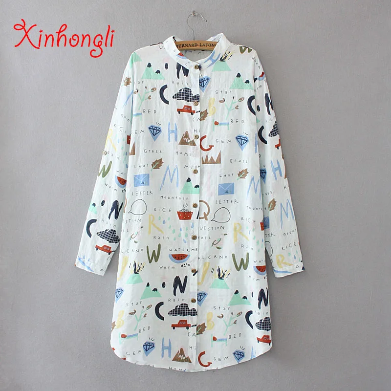 Блузка Женская Длинная с принтом хлопковая Свободная Повседневная рубашка в