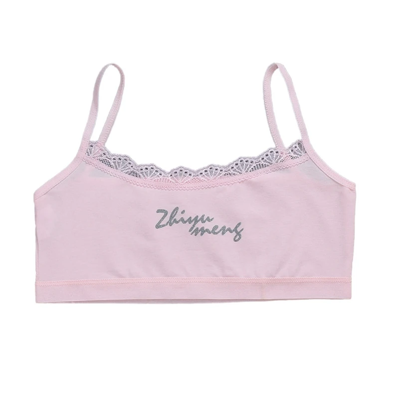 

Young Girls Lace Trim Cotton Training Bra Letters Printed Vest Cami Crop Top Teenage Underwear Wirefree No Pad Bralette