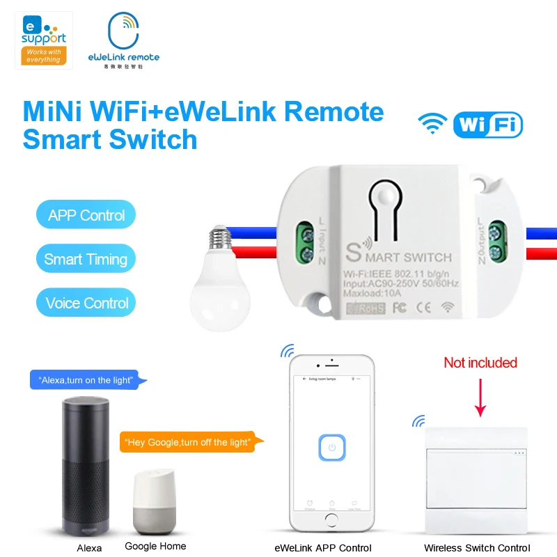 

Mini WiFi+Bluetooth+2.4G Remote Control Smart Light Switch Module EWeLink APP Voice Timer Control Works With Alexa Google Home