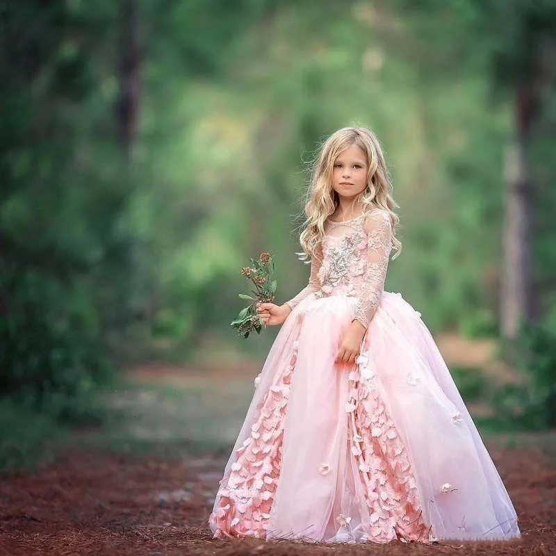 

Flower Girl Dress Puffy Tulle 3D Flowers Long Sleeve Little Princess Birthday Party Pageant Gowns