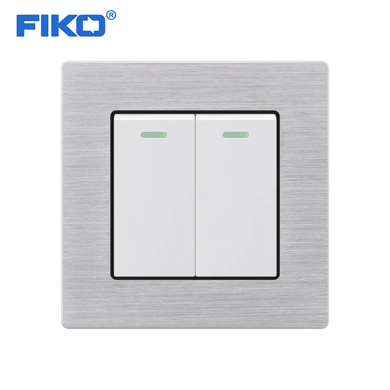 

FIKO EU standard Luxury Silver/White Crystal Aluminium Panel, 16A 250V,2 Gang 2 Way Push Button Home Wall Switch UK power switch