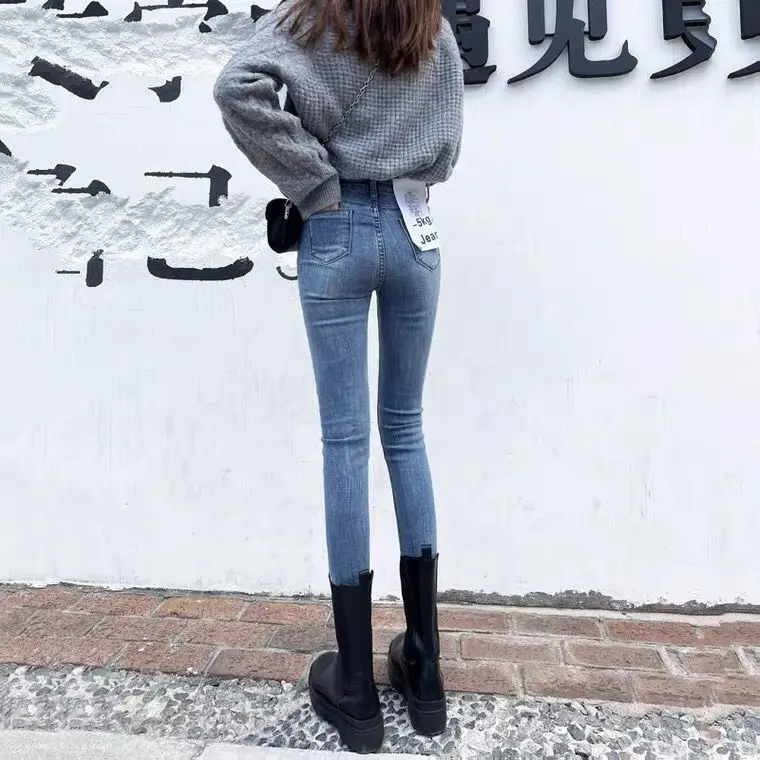 

Woman Jeans Pants Autumn Winter High Waist Stretch Skinny Tappered Pants