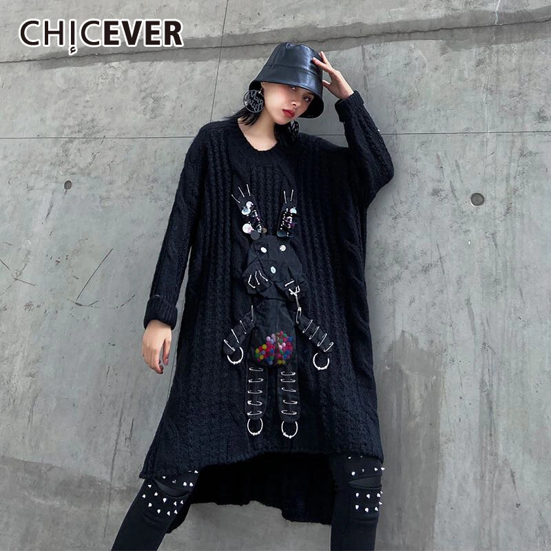

CHICEVER Patchwork Cartoon Print Knitted Sweater Women O Neck Long Sleeve Oversize Casual Pullovers Female 2020 Fashion Clothes