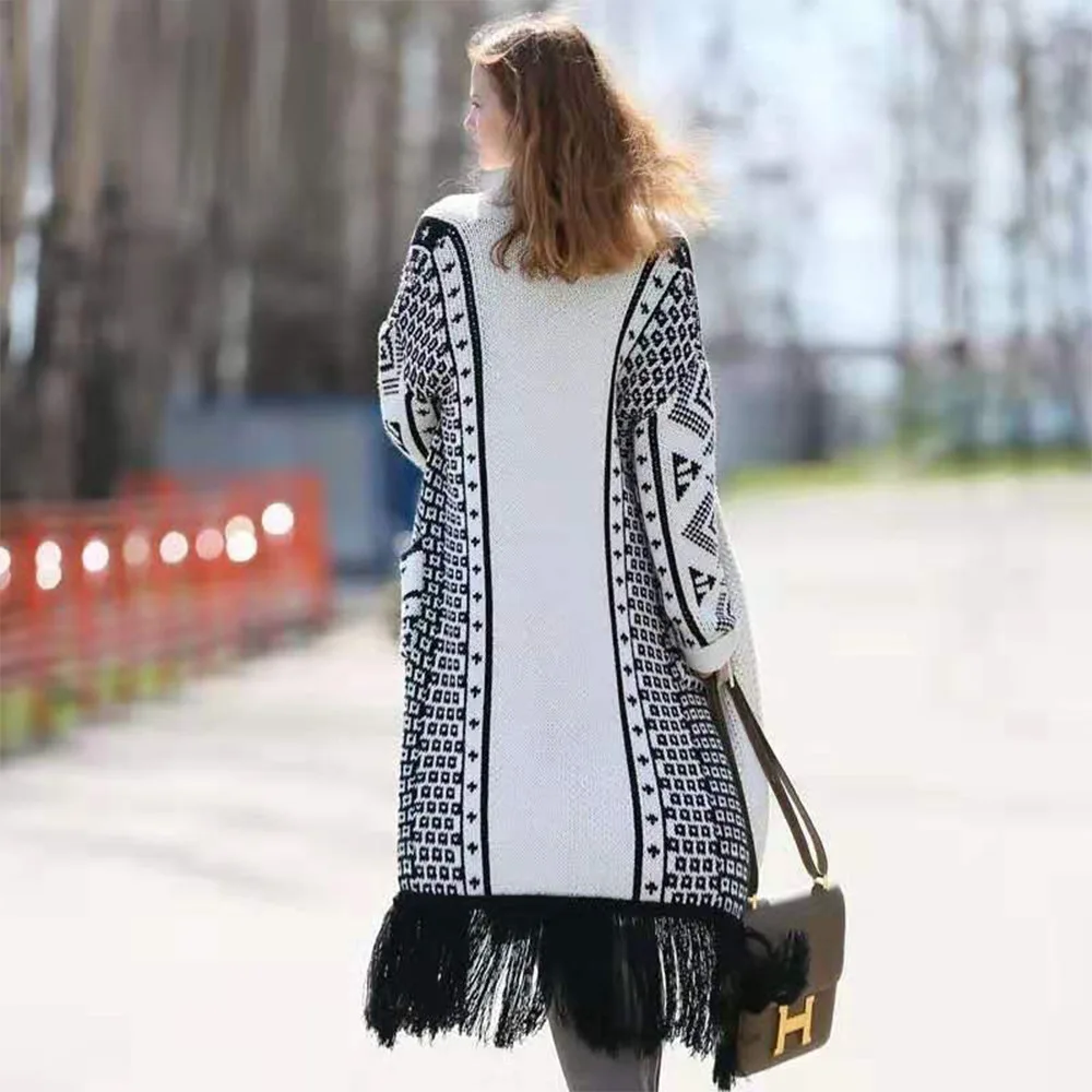 

Women's Clothing Autumn and Winter Plus Size Geometric Tassel Cardigan Woolen Coat Korean Winter Outwear Long Sleeve Overcoat