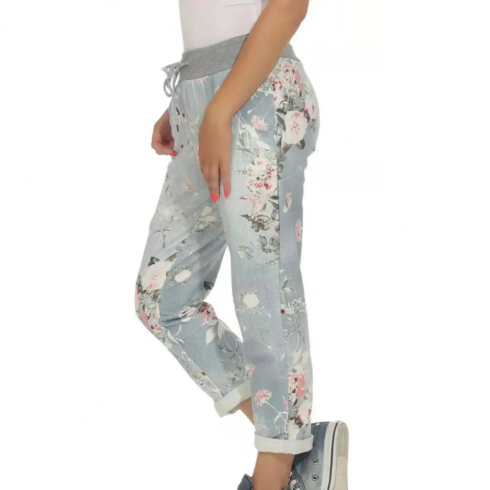 Джинсы женские уличные с цветочным принтом повседневные брюки боковыми