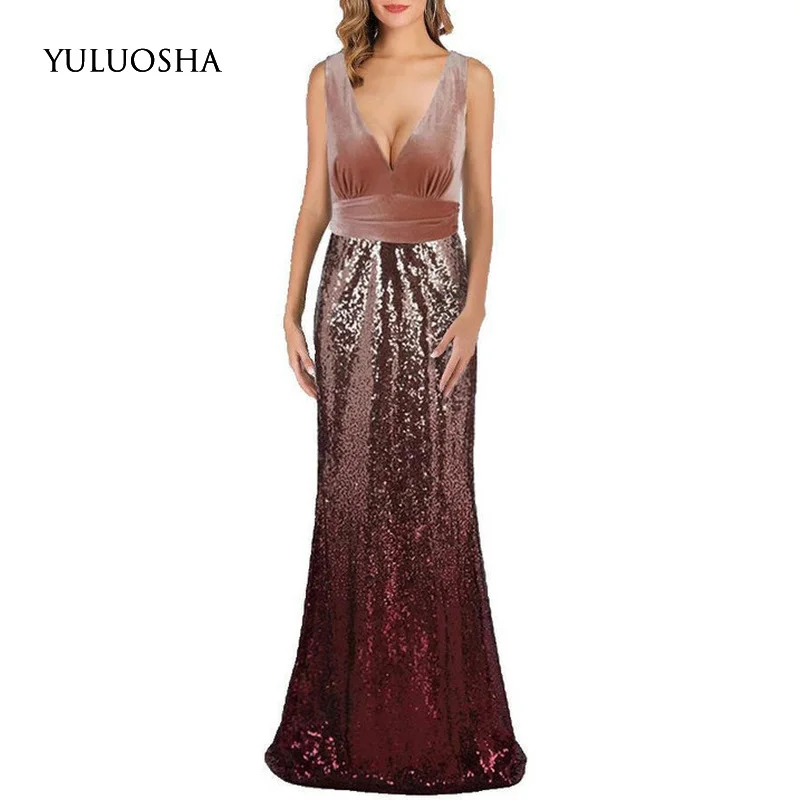 

YULUOSHA Gold Evening Dresses Long Polyester Sleeveless Sequined Long Lace Dress Vestidos De Noche Largos Elegantes De Fiesta