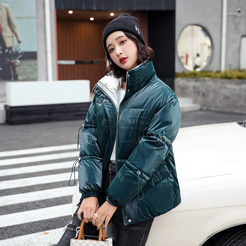 

Female Korean Cotton Crop Bubble Puffer Coat Coats Women's Loose Letter Printed Jackets Thicken Warm Large Sizes 3xl Outerwear