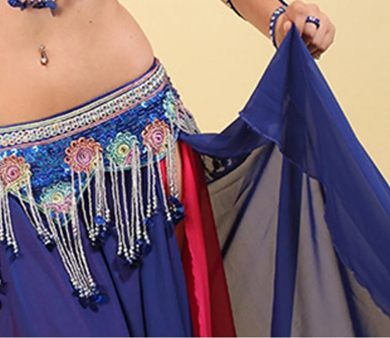 Женский костюм для танца живота синий с кисточками бюстгальтер + пояс юбка