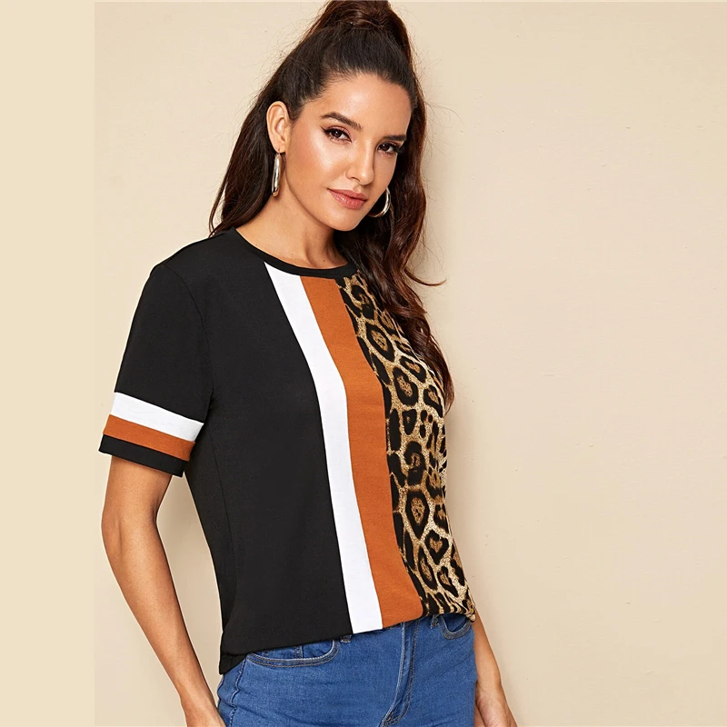 SHEIN Color Block Cut-and-Sew Leopard Panel Top Short Sleeve O-Neck Casual T Shirt Women Summer Leisure Ladies Tshirt Tops