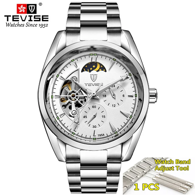 white silver TEVISE автоматические часы Tourbillon механические часы мужские часы деловые наручные часы Мужские часы со скелетом montre homme - Цвет: white silver