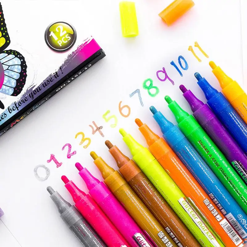 

12 Colors Glitter Highlighter Pen Fluorescent Marker Set DIY Graffiti Drawing X6HB