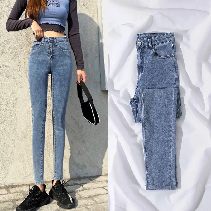 

2021 Spring Korean Stretch Denim Pencil Pants Black Washed Slim Women Elastic High Waist Hip Lift Skinny Jeans Trousers Chic X06