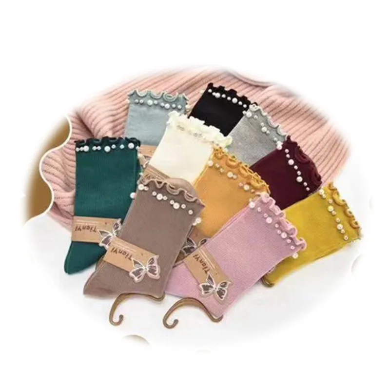 Women Solid Cotton Crew Socks Girls Lace Ruffles with Beads and Pearls Ankle Socks Winter Warm Pink Grey Long Socks 5 Pairs/lot