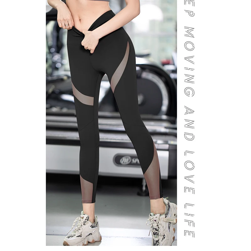 2021 Sexy Mesh Yoga Pants Black Sport Leggings High Waist Push Up Fitness Slim Gym Running Tights Workout Sports Pants For Women