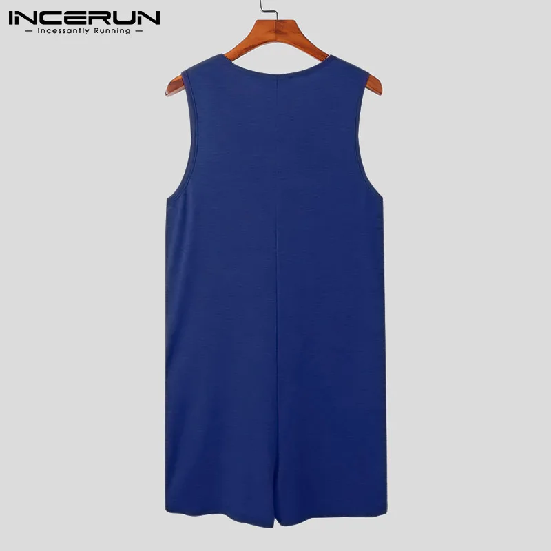 INCERUN Summer Men Pajamas Rompers Solid Color O Neck Sleeveless Homewear Jumpsuits Button Cozy Leisure Nightwear Men Playsuits