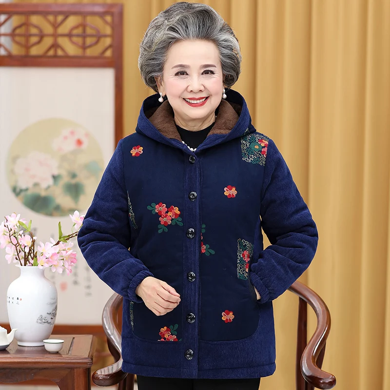 Кашемировое хлопковое пальто для пожилых женщин зимняя куртка с капюшоном