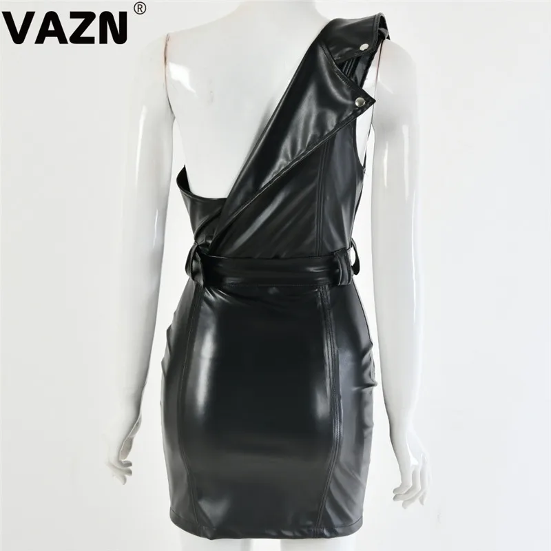 VAZN, FD8359, новое кожаное платье, сексуальное, Клубное, классическое, черное, с вырезом, на одно плечо, на шнуровке, высокая талия, женское, тонкое, мини платье