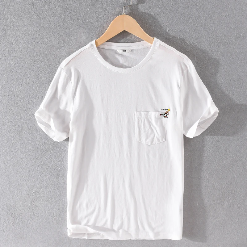 

Дизайнерская белая льняная футболка с коротким рукавом, мужские повседневные футболки с вышивкой для мужчин, удобная трендовая футболка, м...
