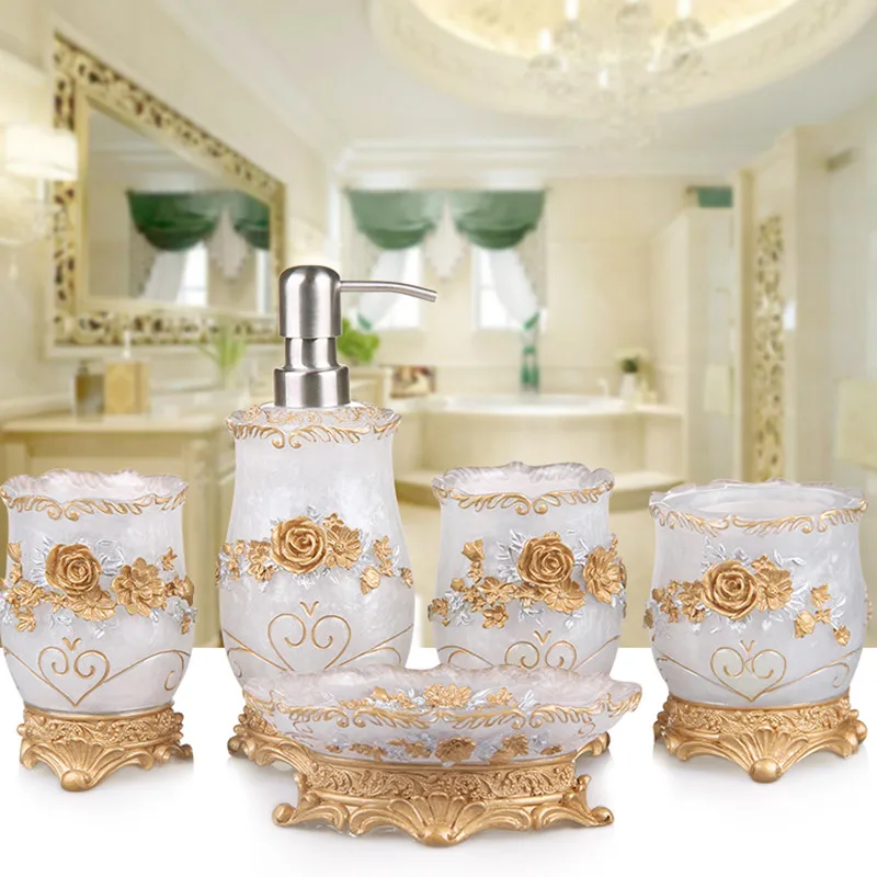 

5pcs European bathroom Set Premium Natural resin/1 Emulsion bottle/1 Soap trays/2cup/1 toothbrush wedding dress good