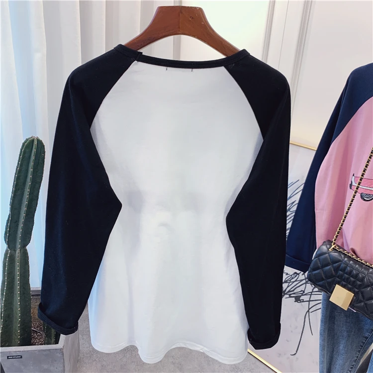 

2021 Spring and Autumn New Letter Cartoon Printinng Top Ladies Loose Round Neck Long Sleeve Cotton T-shirt Students Pullovers