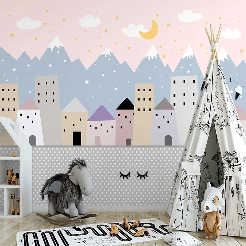 Custom 3D Self Adhesive Wallpaper Kids Room Cartoon House Stars Moon Clouds Children Bedroom Decoration Mural Waterproof | Обустройство