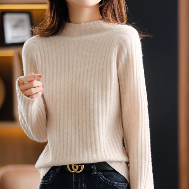 

Pure Wool Sweater Women's 2021 Autumn Winter Thick Half High Collar Vertical Stripe Pullover Temperament Was Thin Knitted Top