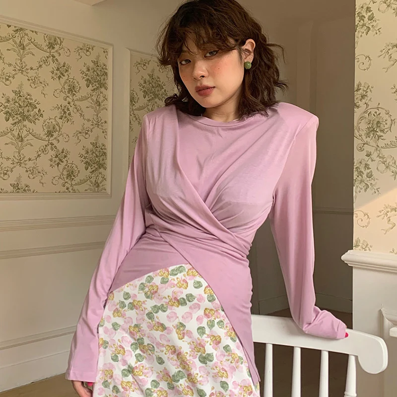 

Sexy See-Through Long-Sleeve T-Shirt Women Korean Y2K INS Slim Basic Casual T-Tops 5 Colors Thin Irregular Split Tops Femme