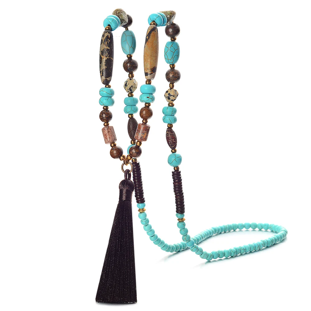 Элегантное коричневое ожерелье с кисточками из натурального камня различных