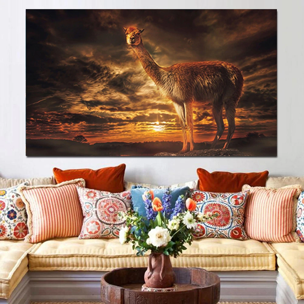 

Llama Dusk Sunset Clouds Landscape Painting on Canvas Art Animal Wall Picture Modern Fashion For Living Room Corridor Decoration