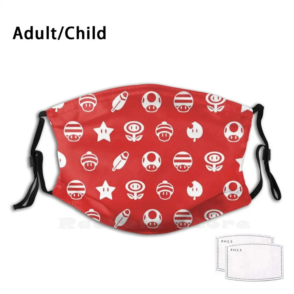 

Powerups Print Washable Filter Anti Dust Mouth Mask Mario Super Mario Powerup Power Up Item Nintendo Video Game