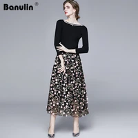 banulin high quality black sweater stitching mesh knitted dress floral embroidery slash neck long sleeve dress 2020 spring new
