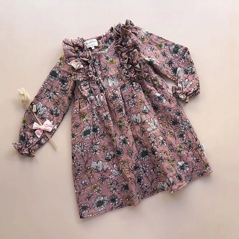 Осеннее Повседневное платье для маленьких девочек с цветочным узором и длинными