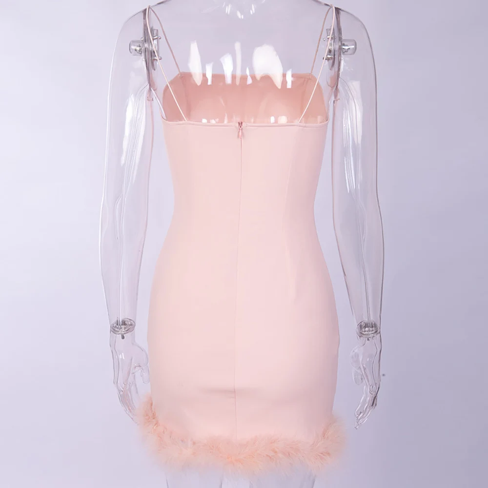 

Sexy Party Slim Bodycon Party Dress Women Feather Slash Neck Spaghetti Strap Mini Christmas Dress Autumn Winter Club Vestidos