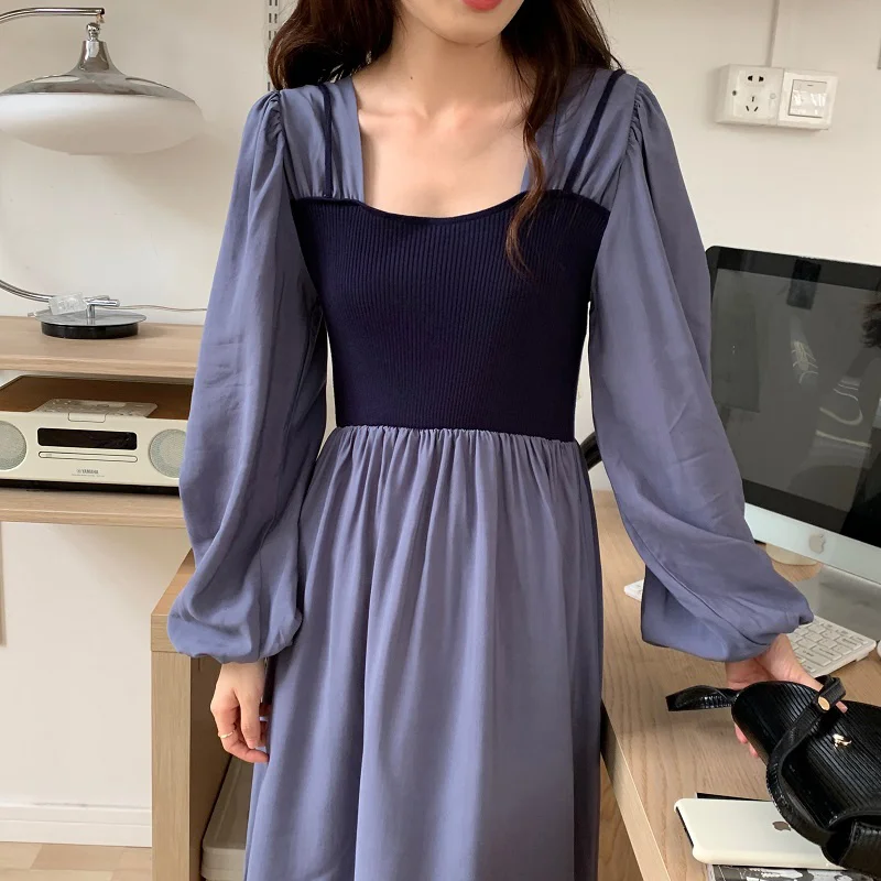 

One Piece Dress Korean Chic French Style Slim Neck Knitted Suspender Stitched Fake Two Piece Waist Closing Bubble Sleeve Dress