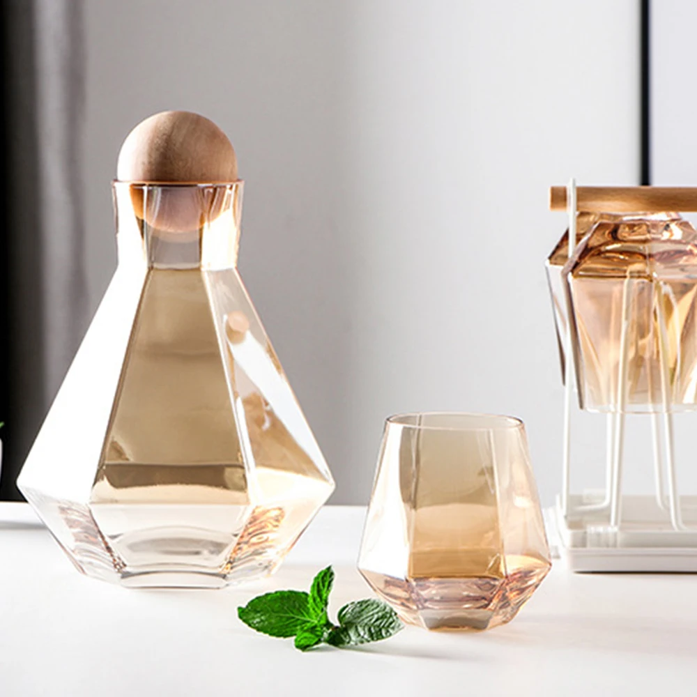 

4Pcs Water Jug Set Household Light Luxury Crystal Glass Water Pitcher Cup Wooden Ball Cover Large-Capacity Boiled Water Cold