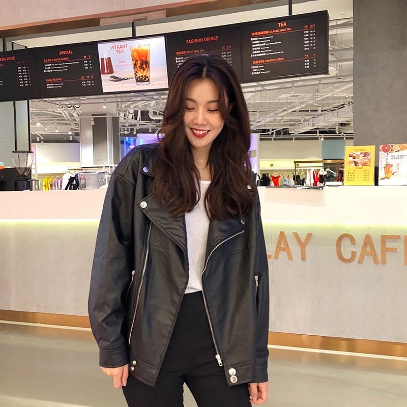 Korean Women PU Leather Jacket Oversized Chic Leather Biker Jacket Women Chaqueta Cuero Mujer Veste Cuir Femme