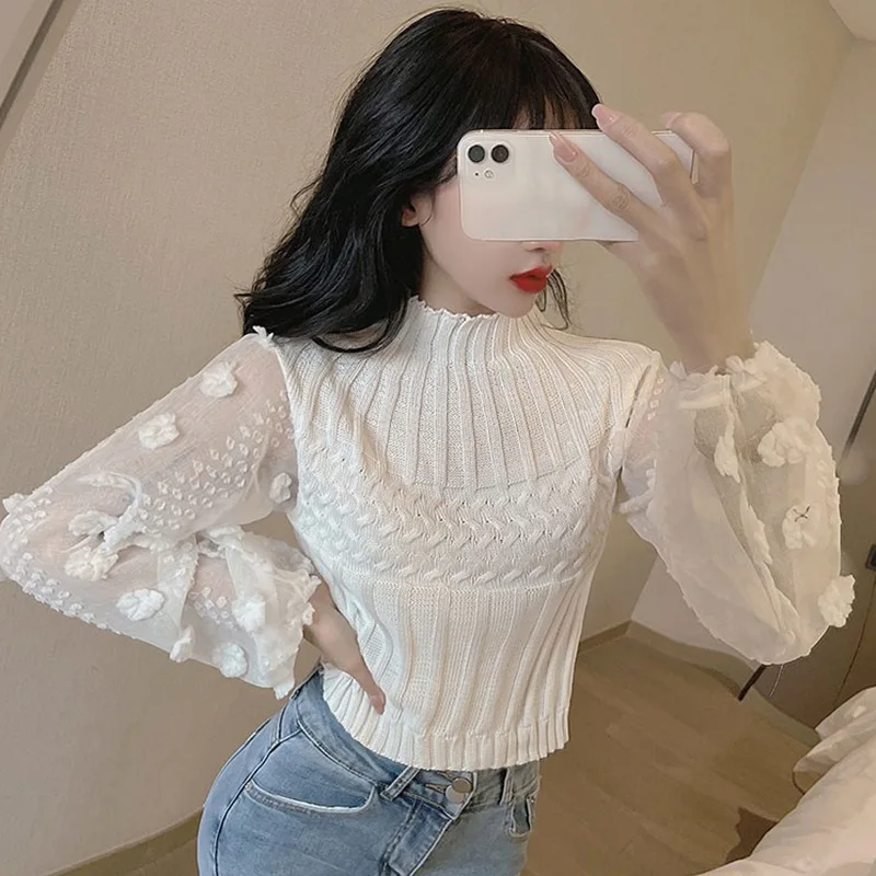 

Super Fairy Bubble Sleeve Mesh Stitching Crew Neck Tight Slim Short Women's Sweater T-shirt
