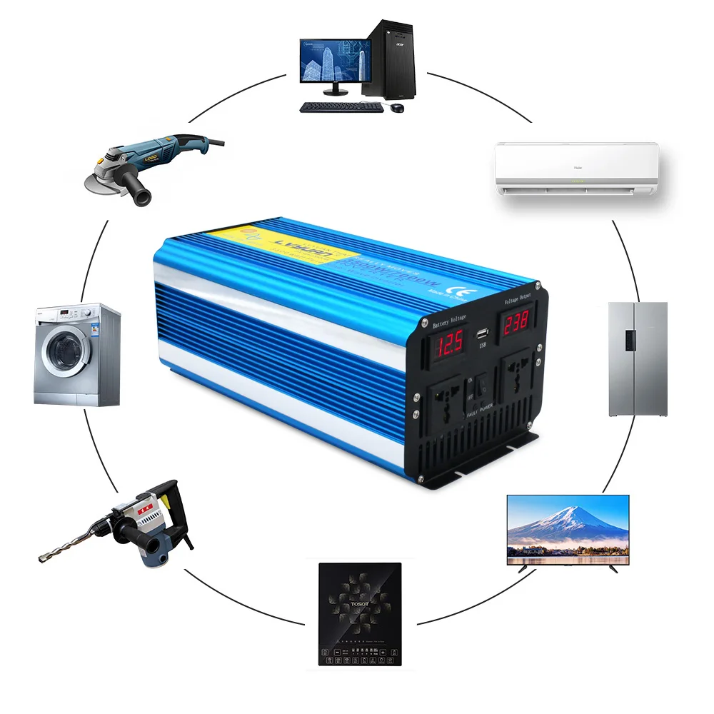 

7000W Peak Dual LED Display 3.1A USB Pure sine wave Power inverter DC 12V/24V TO AC110v-240V Dual AC Socket inverter(Blue)