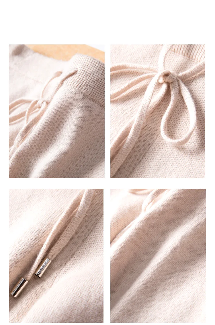 Time-limited Full Wool New Cashmere Suit Fashion Color Matching V-neck Sweater And Feet Pants Warm Two Piece Set Apricot