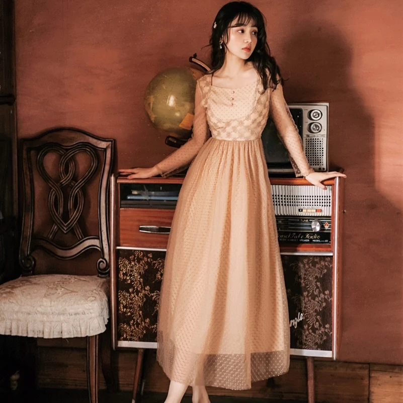 Женское платье с длинным рукавом Сетчатое вышивкой в горошек 2021 | Женская одежда