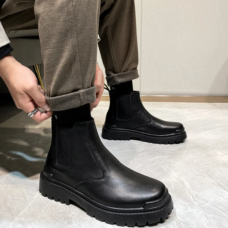 

Men Chelsea Boots Slip-on Waterproof Ankle Boots Men Fashion Black Leather Boots Platform Real Leather Shoes for Men