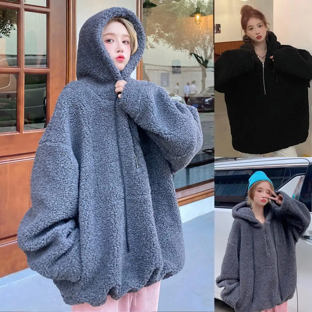 Women Winter Long Sleeve Half Zipper Faux Fleece Warm Oversize Hoodie Sweatshirt