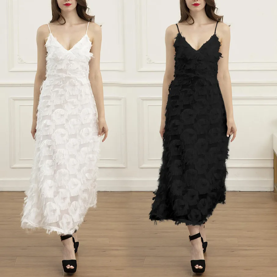 

2021 Summer Sleeveless Strapless Sexy Backless Evening V-neck Sexy Dress Female FEATHER Lace Party Long One-piece Woman Dress