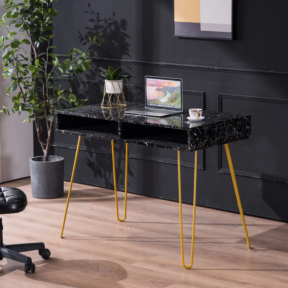 [103 x 55 x 80]cm Marble Iron Foot Computer Table Black