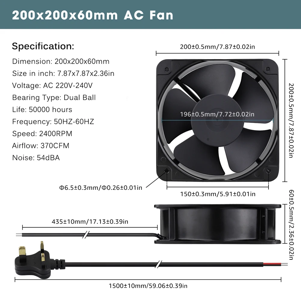 

1Pcs Gdstime AC 220V Axial Fan 200mm 200x200x60mm Ball Industrial Cooling Fan 20cm Large Air Volume 200mmx60mm Warehouse Cooler