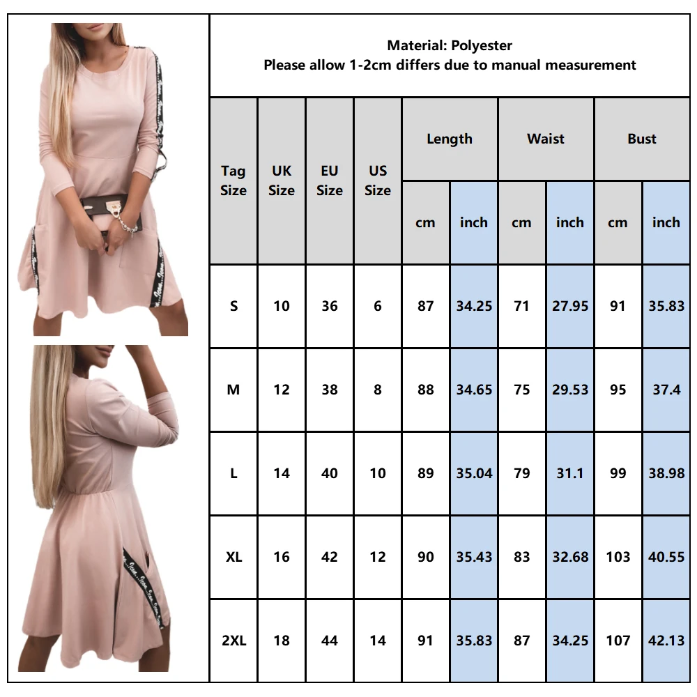 

Pink Women Dress Long Sleeve Letter Printed Ladies A-Line Midi Dress For Autumn Spring Round Neck Female Sundress Clothes D25