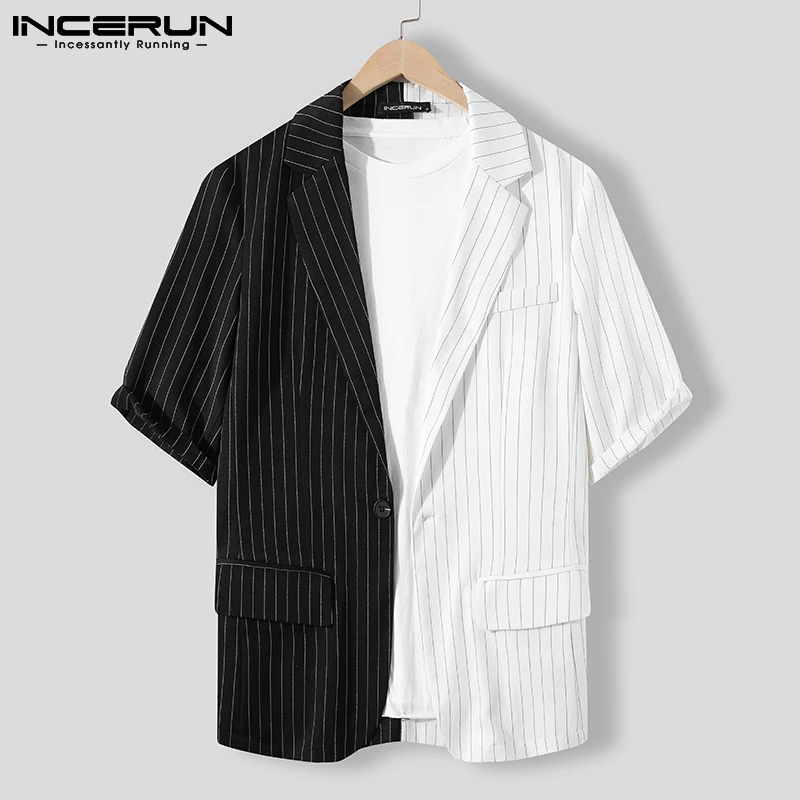 

INCERUN Fashion Men Blazer Striped Patchwork Streetwear Lapel 3/4 Sleeve Casual Suits 2021 One Button Leisure Thin Jackets S-5XL