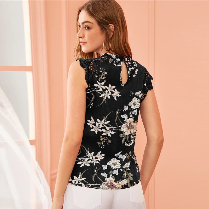 SHEIN модный гипюровый топ с цветочным принтом и кружевными рукавами реглан, Вырез «капля», Летние Элегантные Женские топы и блузки