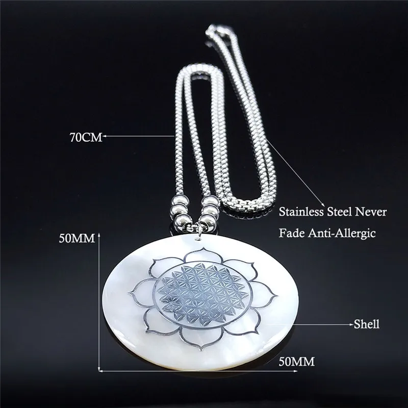 

Boho Sun Flower of Life StainlessSteel Shell Bead Charm Necklace Big Long Silver Color Round Necklaces Jewelryjoyas NXS03